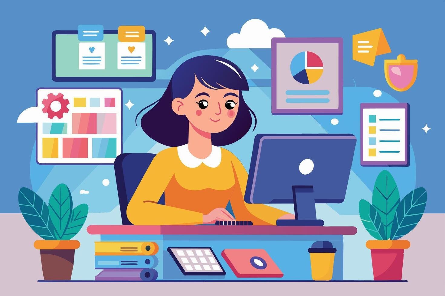 a-cartoon-illustration-of-a-woman-working-at-a-desk-with-a-computer-in-a-modern-office-there-are-various-items-on-the-wall-including-a-chart-a-list-and-a-shield-free-vector