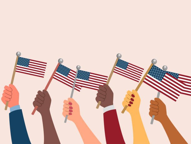 Multi racial hands holding the flag of USA, vector illustration